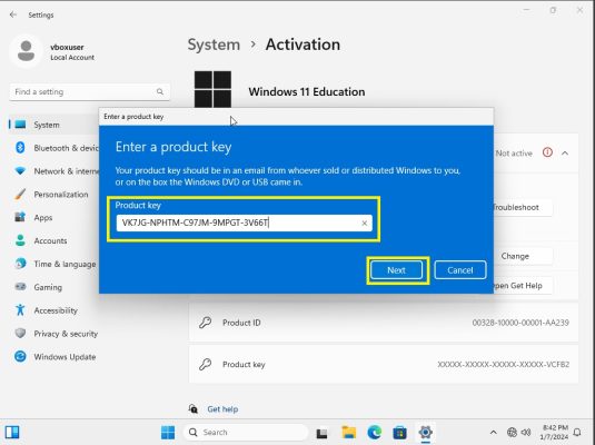 وارد کردن کلید برای تبدیل ویندوز 11 Enterprise به Pro